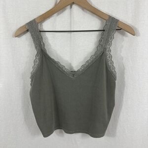 American Eagle Ribbed Vneck Lace Trim Green Cami Tank Womens Sz L Festival Boho